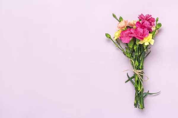 bouquet of pink carnation flower isolated on pink background Top view Flat lay Holiday card 8 March, Happy Valentine\'s day, Mother\'s, Memorial, Teacher\'s day concept Copy space.