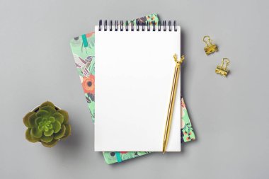 açık not defteri, sulu kalemi, gri arka planda altın kalem, masa üstünde spiral defter iş, planlama, eğitim, ev konsepti Top view 'den sabah hayatı
