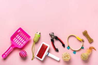 Tabakta kuru yiyecek, spatula, tırnak makası, çimen, yaka, toplar, pembe arka planda kemikler Üst tarafta düz oyuncaklar, aksesuarlar ve sevgili evcil hayvan konseptiniz için yiyecekler..