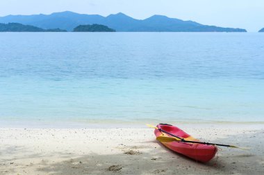 Kumlu sahilde kırmızı kano. Gölge ağaçları, mavi deniz ve gökyüzü arkaplanı..