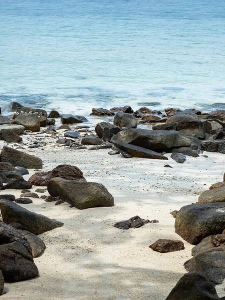 Piaszczysta Plaża Kamieniami Cieniu Drzew Niebieskie Tło Oceanu — Zdjęcie stockowe