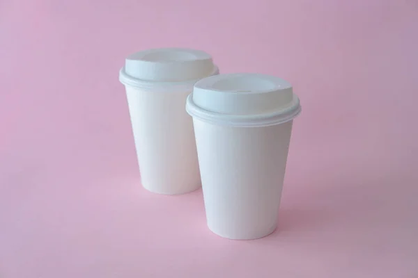 Two White Paper Coffee Cups Pink Background Coffee Cup Mock — Stock Photo, Image