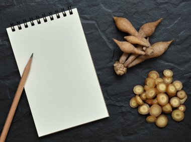 Fingerroot, Açık Boş Sarmal Not Defteri ve Siyah Arkaplan Kalemi ile Kaempfer, Düz Yat Kavramı, Metin için Boşluğu Kopyala.