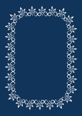 Soyut grafik dantel bitkisel bir çerçeve. Şekil verme. İki renk - beyaz ve mavi. Evin aynası ya da ön cephesi için dekorasyon, dekor, tasarım, dekorasyon.