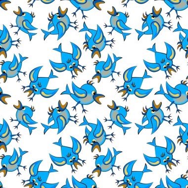 Farklı kişiliklere sahip parlak renkli kuşlar birbirleriyle iletişim kurarlar. Bir çocuk illüstrasyonu. Tekstil, duvar kâğıdı, site ya da blog için arka plan, ambalaj. Kusursuz doku, kare arkaplanda desen - kuşlar.