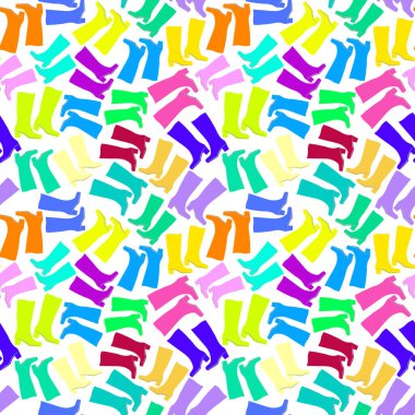 Kusursuz doku, kare arkaplanda desen - farklı renklerde ayakkabılar. Lastik mi, deri bot mu? İllüzyon. Moda ve tarz teması üzerine stil. Web sitesi veya blog, duvar kağıdı, tekstil, ambalaj için arkaplan