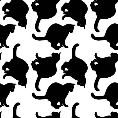 Kusursuz doku ya da uçsuz bucaksız desen. Kara kedi. Siyah-beyaz çizim, kontrast. Duvar kağıdı, site ya da blog için arka plan, tekstil, ambalaj. Evcil hayvanlar, kediler.