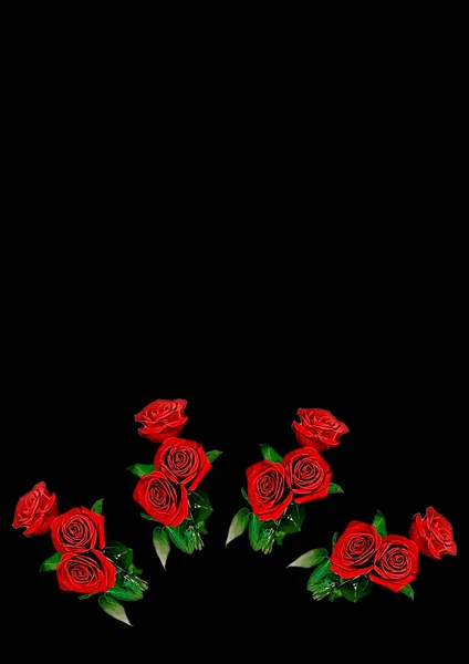 Cadres Bouquet Trois Roses Rouges Fleurs Sur Fond Noir Image — Image vectorielle