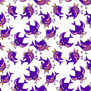 Farklı kişiliklere sahip parlak renkli kuşlar birbirleriyle iletişim kurarlar. Bir çocuk illüstrasyonu. Tekstil, duvar kâğıdı, site ya da blog için arka plan, ambalaj. Kusursuz doku, kare arkaplanda desen - kuşlar.