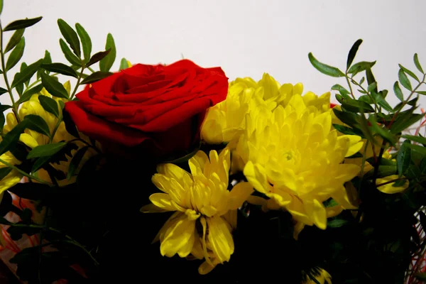 Kytice Červených Růží Žlutých Chryzantémů Bez Obalu Stojí Váze Bílé — Stock fotografie