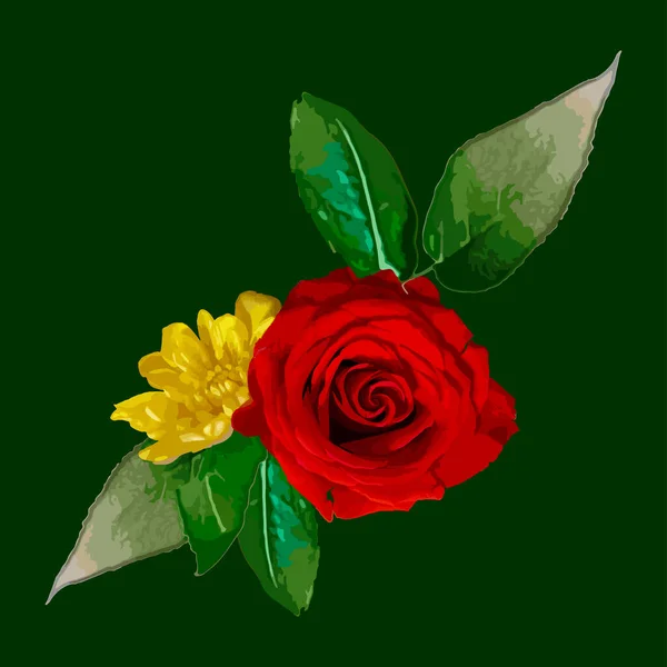一朵红玫瑰和一朵黄色的菊花 背景是绿色的 这些花很大 — 图库矢量图片