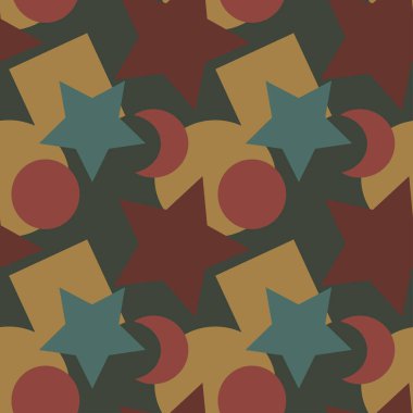 Kusursuz doku, kare arkaplanda desen - renkli geometrik şekiller - yıldızlar, daireler, kareler, hilaller. Bir site ya da blog için arka plan, duvar kağıdı, tekstil. Paketleme.