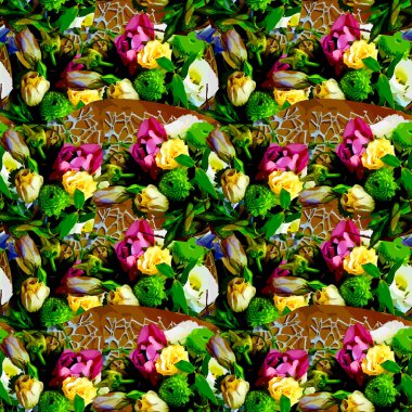 Seamless texture, flower shop -a bouquet. The flowers in the glass are wrapped in craft paper. Plants, interior decoration, design. Seamless texture, flower shop