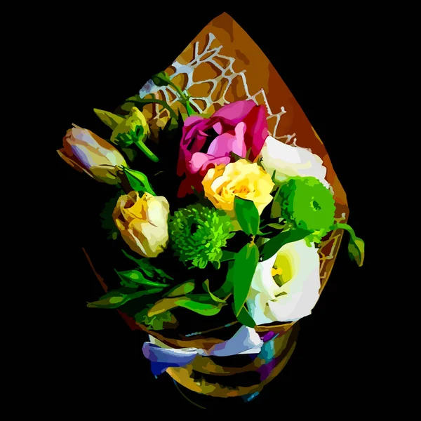 Вітання Листівки Букет Чорному Тлі Квіти Склі Загорнуті Ремісничий Папір — стоковий вектор