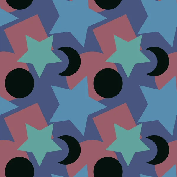 Απρόσκοπτη Υφή Μοτίβο Τετράγωνο Φόντο Χρωματιστά Γεωμετρικά Σχήματα Αστέρια Κύκλοι — Διανυσματικό Αρχείο