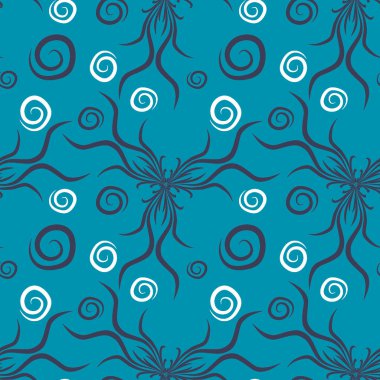 Kusursuz doku, kare arkaplanda sonsuz desen. Su altı dünyasının bitki motifleri, algler ve kabarcıklar. Mistisizm ve Gerçeküstü. Kare arkaplanda bir resim. İç mimari, dekorasyon ve internet tasarımı. Bir si için arkaplan