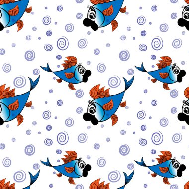 Kusursuz desen, kare arkaplanda uçsuz bucaksız doku - denizde ya da akvaryumda şekillendirilmiş balık, hava kabarcıklarıyla çevrili - grafikler. Muhteşem sualtı dünyası. Gerçeküstü. Tasarım elemanları. Web sitesi, blog, duvar kağıdı, tekstil, ambalaj için arkaplan.