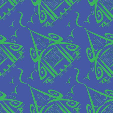 Kusursuz desen, kare arkaplanda sonsuz doku, biçimlendirilmiş peri evleri, grafikler. Binalar, büyülü bir kasaba. Tasarım elemanları. Web sitesi, blog, duvar kağıdı, tekstil, ambalaj için arkaplan.