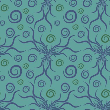 Kusursuz doku, kare arkaplanda sonsuz desen. Su altı dünyasının bitki motifleri, algler ve kabarcıklar. Mistisizm ve Gerçeküstü. Kare arkaplanda bir resim. İç mimari, dekorasyon ve internet tasarımı. Bir si için arkaplan