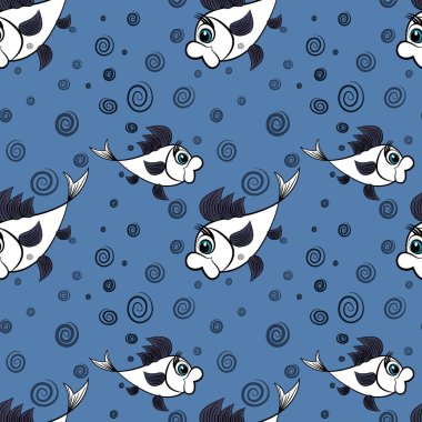 Kusursuz desen, kare arkaplanda uçsuz bucaksız doku - denizde ya da akvaryumda şekillendirilmiş balık, hava kabarcıklarıyla çevrili - grafikler. Muhteşem sualtı dünyası. Gerçeküstü. Tasarım elemanları. Web sitesi, blog, duvar kağıdı, tekstil, ambalaj için arkaplan.