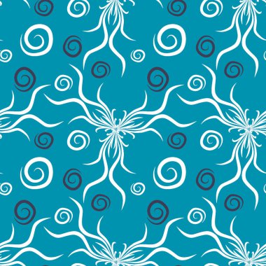 Kusursuz doku, kare arkaplanda sonsuz desen. Su altı dünyasının bitki motifleri, algler ve kabarcıklar. Mistisizm ve Gerçeküstü. Kare arkaplanda bir resim. İç mimari, dekorasyon ve internet tasarımı. Bir si için arkaplan