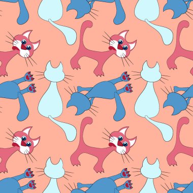 Kusursuz desen, kare arkaplanda sonsuz doku - renkli kediler - grafikler. Muhteşem kedi dünyası. Gerçeküstü. Tasarım elemanları. Web sitesi, blog, duvar kağıdı, tekstil, ambalaj için arkaplan.