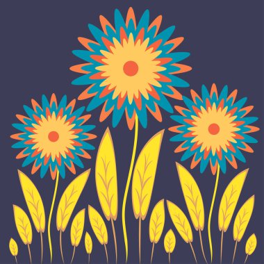 Kare arkaplandaki soyut illüstrasyon - biçimlendirilmiş çiçekler - grafikler. Muhteşem bitki dünyası. Gerçeküstü. Tasarım elemanları. Kitap veya not defteri kapağı için arkaplan, kartpostal, poster, iç tasarım