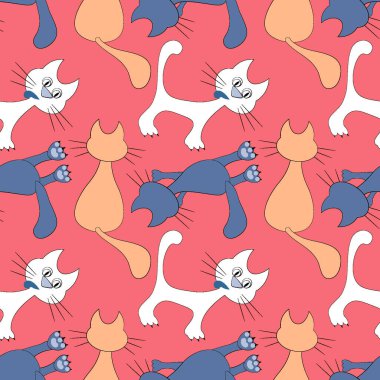 Kusursuz desen, kare arkaplanda sonsuz doku - renkli kediler - grafikler. Muhteşem kedi dünyası. Gerçeküstü. Tasarım elemanları. Web sitesi, blog, duvar kağıdı, tekstil, ambalaj için arkaplan.