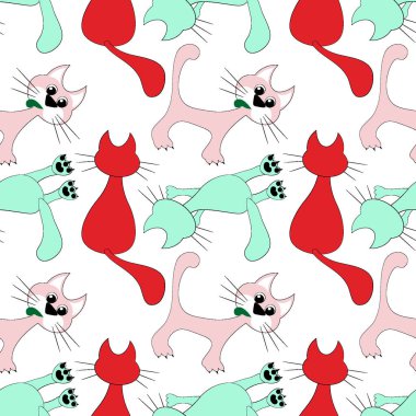 Kusursuz desen, kare arkaplanda sonsuz doku - renkli kediler - grafikler. Muhteşem kedi dünyası. Gerçeküstü. Tasarım elemanları. Web sitesi, blog, duvar kağıdı, tekstil, ambalaj için arkaplan.