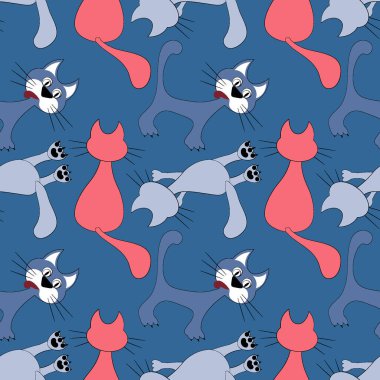 Kusursuz desen, kare arkaplanda sonsuz doku - renkli kediler - grafikler. Muhteşem kedi dünyası. Gerçeküstü. Tasarım elemanları. Web sitesi, blog, duvar kağıdı, tekstil, ambalaj için arkaplan.