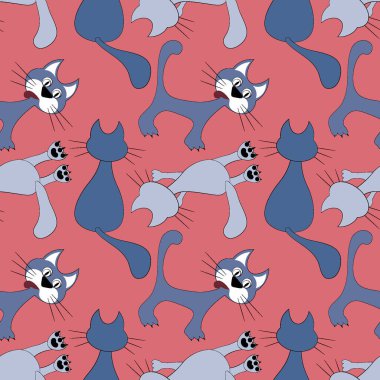 Kusursuz desen, kare arkaplanda sonsuz doku - renkli kediler - grafikler. Muhteşem kedi dünyası. Gerçeküstü. Tasarım elemanları. Web sitesi, blog, duvar kağıdı, tekstil, ambalaj için arkaplan.