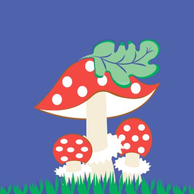 Kare arkaplanda vektör illüstrasyonu- stilize mantarlar - çimenlerin üzerinde şapkalı bir yaprak ile uçan üç kişilik bir aile. Muhteşem bir dünya. Gerçeküstü. Tasarım ögeleri.