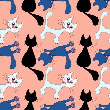Kusursuz desen, kare arkaplanda sonsuz doku - renkli kediler - grafikler. Muhteşem kedi dünyası. Gerçeküstü. Tasarım elemanları. Web sitesi, blog, duvar kağıdı, tekstil, ambalaj için arkaplan.