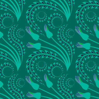 Kusursuz desen, kare arkaplanda uçsuz bucaksız doku - şekillendirilmiş çiçek ve yapraklar, kabarcıklarla çevrili - grafikler. Muhteşem bitki dünyası. Gerçeküstü. Tasarım elemanları. Web sitesi, blog, duvar kağıdı, tekstil, ambalaj için arkaplan.