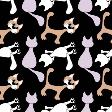 Kusursuz desen, kare arkaplanda sonsuz doku - renkli kediler - grafikler. Muhteşem kedi dünyası. Gerçeküstü. Tasarım elemanları. Web sitesi, blog, duvar kağıdı, tekstil, ambalaj için arkaplan.