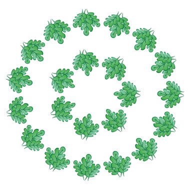 Kare arkaplandaki çerçeveler - stilize edilmiş yeşil meşe yaprakları, bitkiler - grafikler. Muhteşem orman dünyası. Tasarım elemanları. Web sitesi, blog, duvar kağıdı, tekstil, ambalaj için arkaplan.