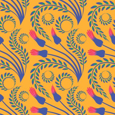 Kusursuz desen, kare arkaplanda uçsuz bucaksız doku - şekillendirilmiş çiçek ve yapraklar, kabarcıklarla çevrili - grafikler. Muhteşem bitki dünyası. Gerçeküstü. Tasarım elemanları. Web sitesi, blog, duvar kağıdı, tekstil, ambalaj için arkaplan.