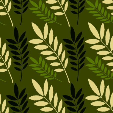 Kusursuz desen, kare arkaplandaki sonsuz doku - külün stilize edilmiş yaprakları - grafikler. Muhteşem bitki dünyası. Gerçeküstü. Tasarım elemanları. Web sitesi, blog, duvar kağıdı, tekstil, ambalaj için arkaplan.