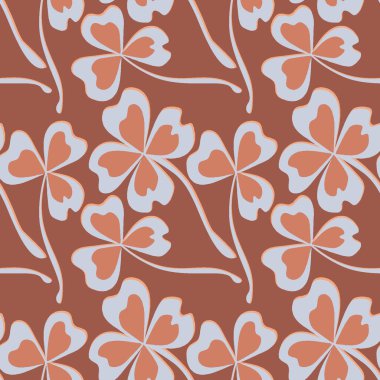 Kusursuz desen, kare arkaplanda uçsuz bucaksız doku - stilize yonca ve sihirli dört yapraklı grafikler. Muhteşem bitki dünyası. Gerçeküstü. Tasarım elemanları. Web sitesi, blog, duvar kağıdı, tekstil, ambalaj için arkaplan.