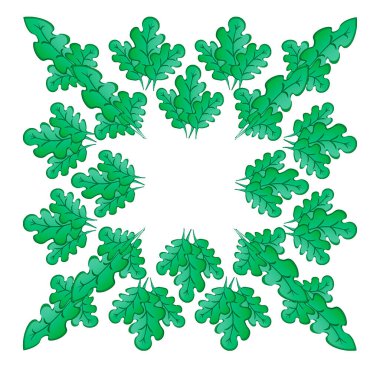 Kare arkaplandaki çerçeveler - stilize edilmiş yeşil meşe yaprakları, bitkiler - grafikler. Muhteşem orman dünyası.