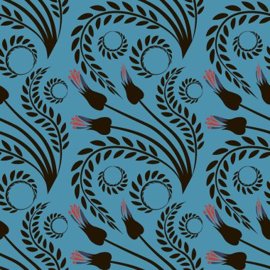 Kusursuz desen, kare arkaplanda uçsuz bucaksız doku - şekillendirilmiş çiçek ve yapraklar, kabarcıklarla çevrili - grafikler. Muhteşem bitki dünyası. Gerçeküstü. Tasarım elemanları. Web sitesi, blog, duvar kağıdı, tekstil, ambalaj için arkaplan.