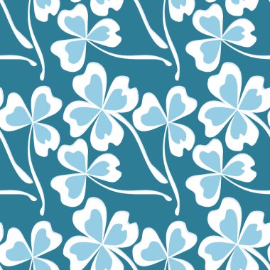 Kusursuz desen, kare arkaplanda uçsuz bucaksız doku - stilize yonca ve sihirli dört yapraklı grafikler. Muhteşem bitki dünyası. Gerçeküstü. Tasarım elemanları. Web sitesi, blog, duvar kağıdı, tekstil, ambalaj için arkaplan.