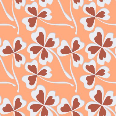 Kusursuz desen, kare arkaplanda uçsuz bucaksız doku - stilize yonca ve sihirli dört yapraklı grafikler. Muhteşem bitki dünyası. Gerçeküstü. Tasarım elemanları. Web sitesi, blog, duvar kağıdı, tekstil, ambalaj için arkaplan.