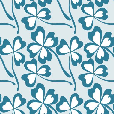 Kusursuz desen, kare arkaplanda uçsuz bucaksız doku - stilize yonca ve sihirli dört yapraklı grafikler. Muhteşem bitki dünyası. Gerçeküstü. Tasarım elemanları. Web sitesi, blog, duvar kağıdı, tekstil, ambalaj için arkaplan.