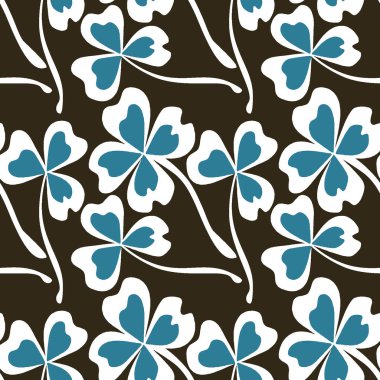 Kusursuz desen, kare arkaplanda uçsuz bucaksız doku - stilize yonca ve sihirli dört yapraklı grafikler. Muhteşem bitki dünyası. Gerçeküstü. Tasarım elemanları. Web sitesi, blog, duvar kağıdı, tekstil, ambalaj için arkaplan.