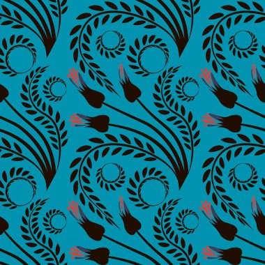 Kusursuz desen, kare arkaplanda uçsuz bucaksız doku - şekillendirilmiş çiçek ve yapraklar, kabarcıklarla çevrili - grafikler. Muhteşem bitki dünyası. Gerçeküstü. Tasarım elemanları. Web sitesi, blog, duvar kağıdı, tekstil, ambalaj için arkaplan.