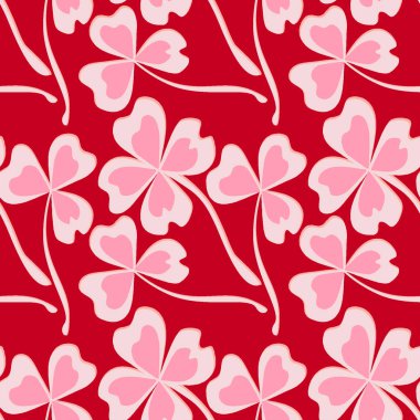 Kusursuz desen, kare arkaplanda uçsuz bucaksız doku - stilize yonca ve sihirli dört yapraklı grafikler. Muhteşem bitki dünyası. Gerçeküstü. Tasarım elemanları. Web sitesi, blog, duvar kağıdı, tekstil, ambalaj için arkaplan.