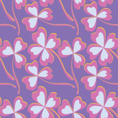 Kusursuz desen, kare arkaplanda uçsuz bucaksız doku - stilize yonca ve sihirli dört yapraklı grafikler. Muhteşem bitki dünyası. Gerçeküstü. Tasarım elemanları. Web sitesi, blog, duvar kağıdı, tekstil, ambalaj için arkaplan.