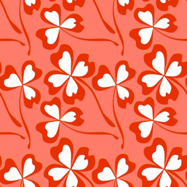 Kusursuz desen, kare arkaplanda uçsuz bucaksız doku - stilize yonca ve sihirli dört yapraklı grafikler. Muhteşem bitki dünyası. Gerçeküstü. Tasarım elemanları. Web sitesi, blog, duvar kağıdı, tekstil, ambalaj için arkaplan.