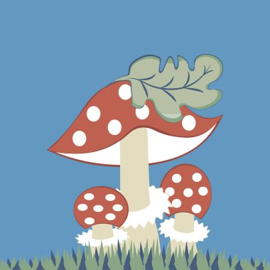 Kare arkaplanda vektör illüstrasyonu- stilize mantarlar - çimenlerin üzerinde şapkalı bir yaprak ile uçan üç kişilik bir aile. Muhteşem bir dünya. Gerçeküstü. Tasarım ögeleri.